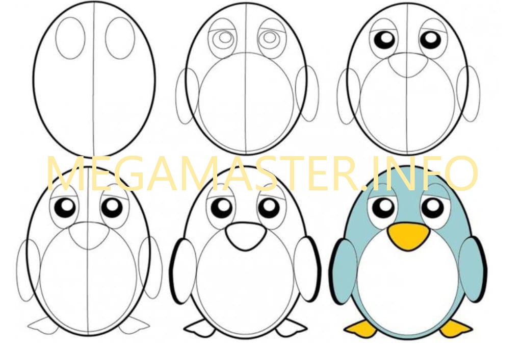 Простая схема рисования пингвинёнка