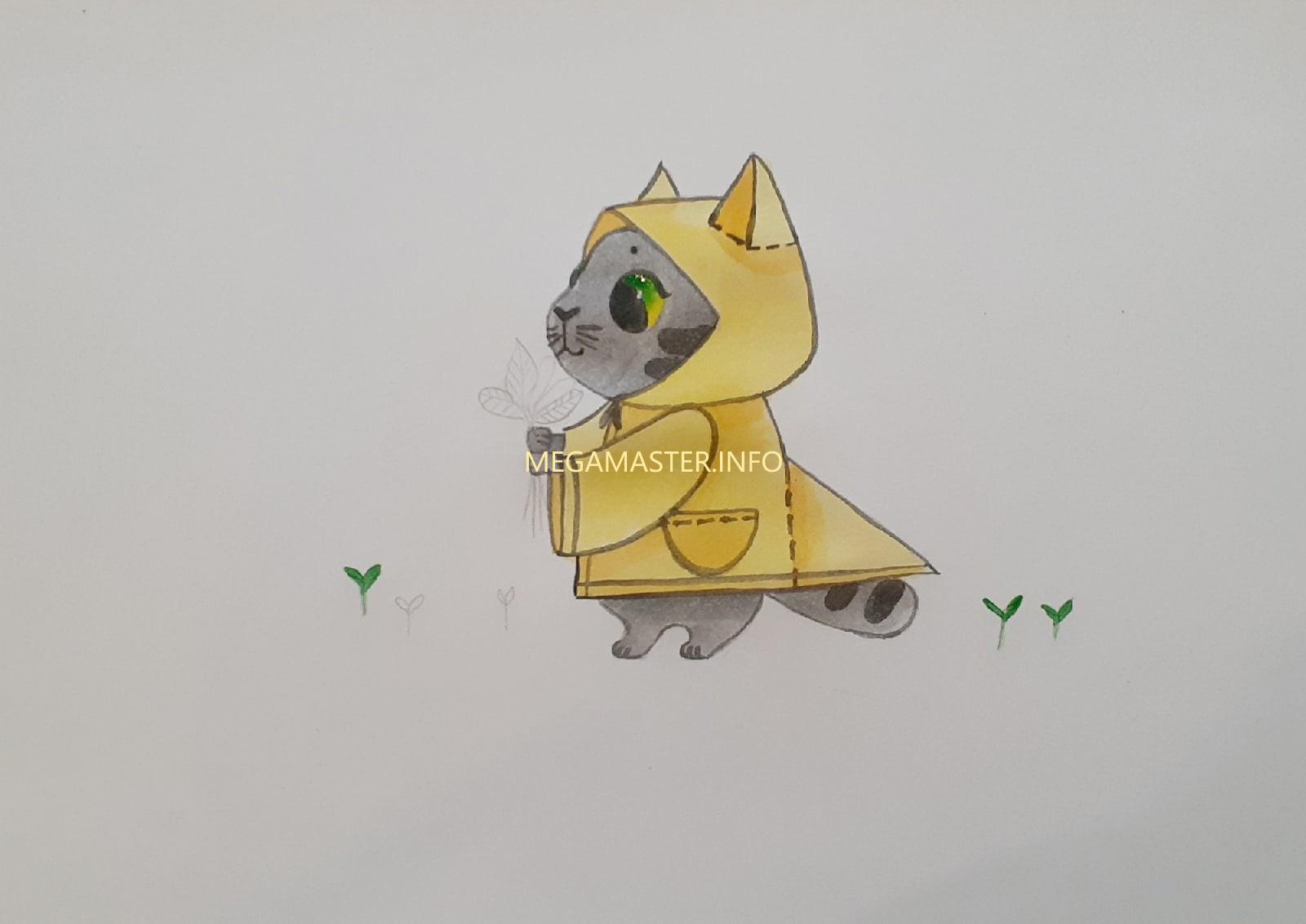 Как нарисовать котёнка в дождевике